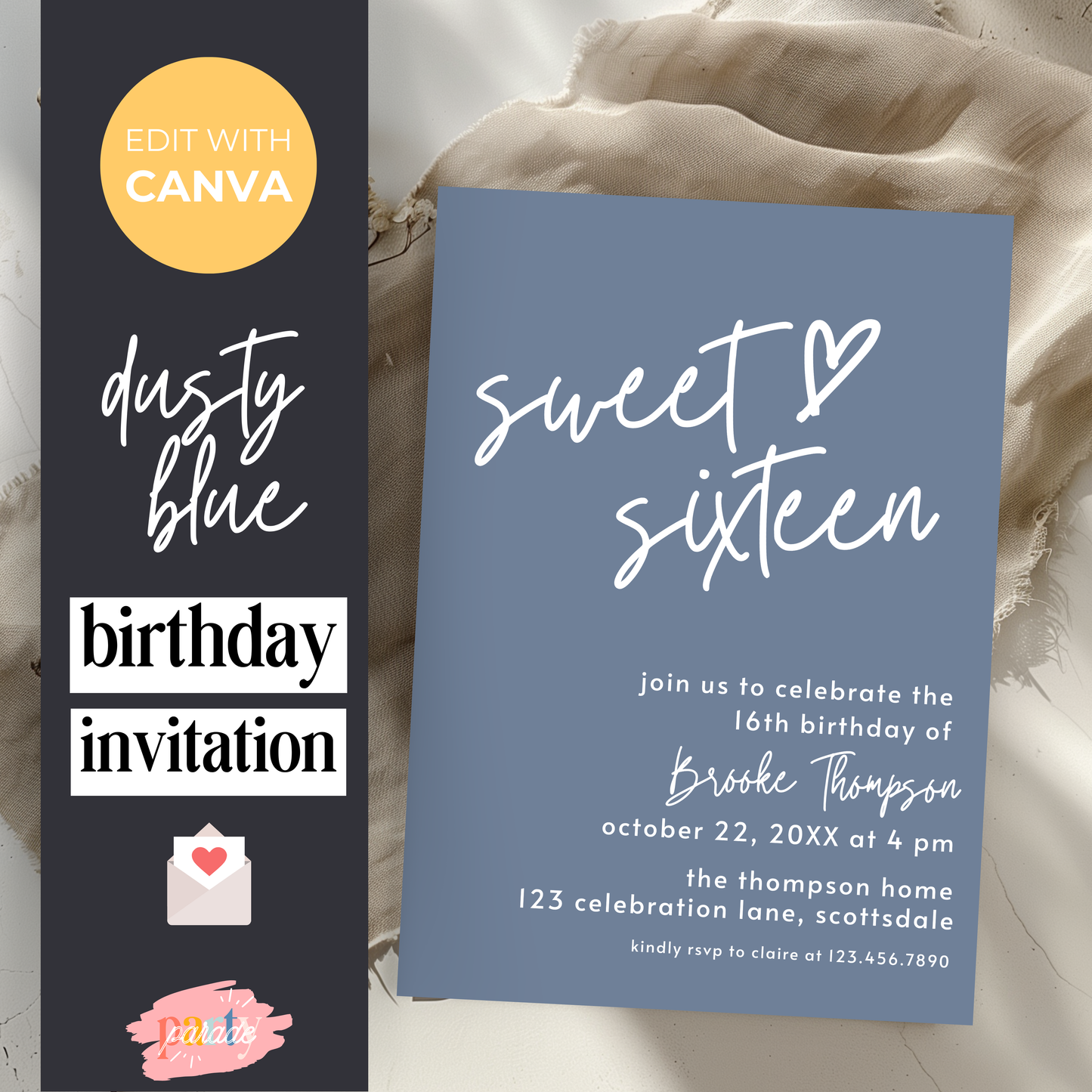 16th Birthday Invitation for Girl Dusty Blue Sweet Sixteen Invite Dusty Blue Birthday for Teenager Simple Invitation Printable Template 0011