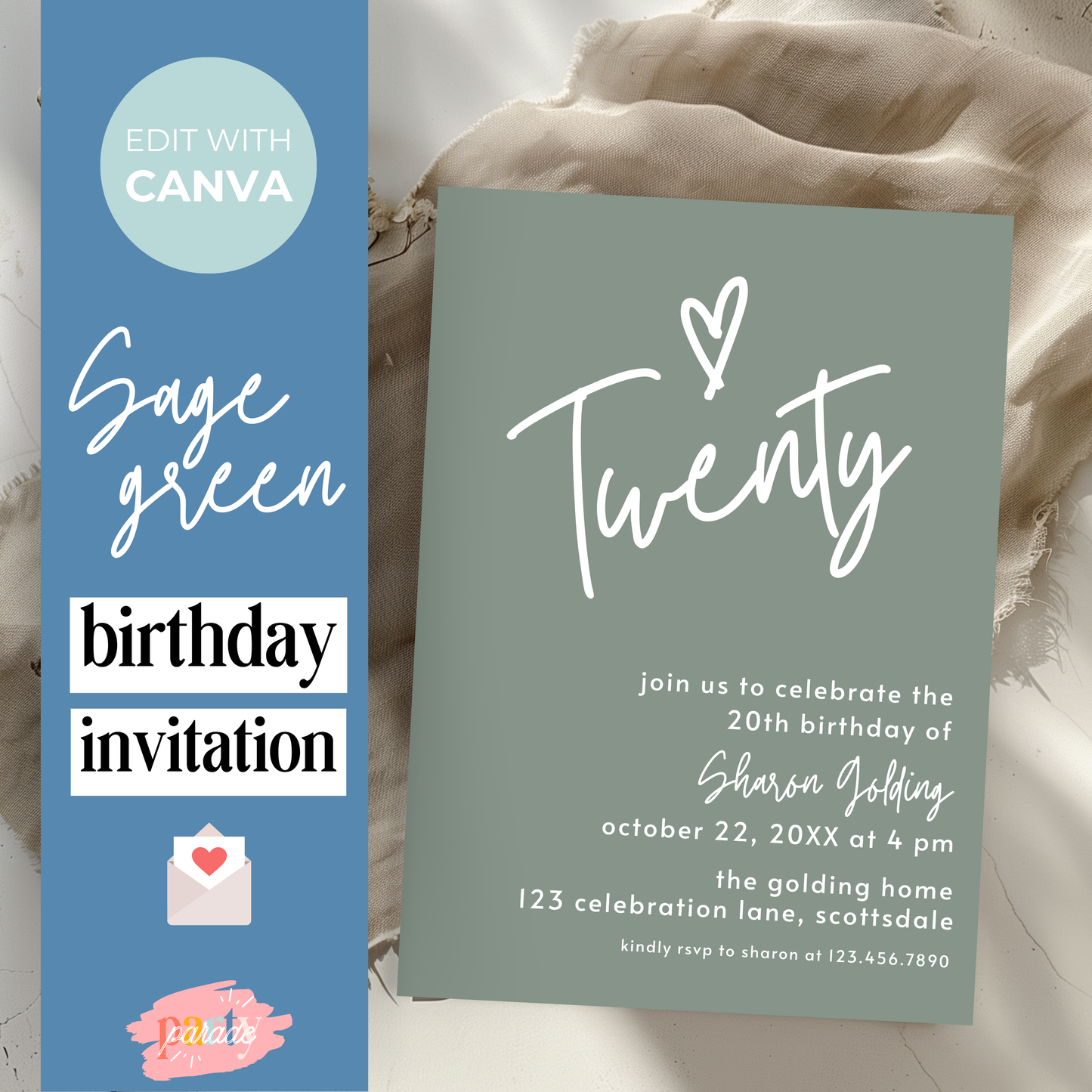 20th Birthday Invitation Sage Green Twentieth Birthday Invite for Woman Simple Elegant Invitation Printable Template Modern Adult 0014