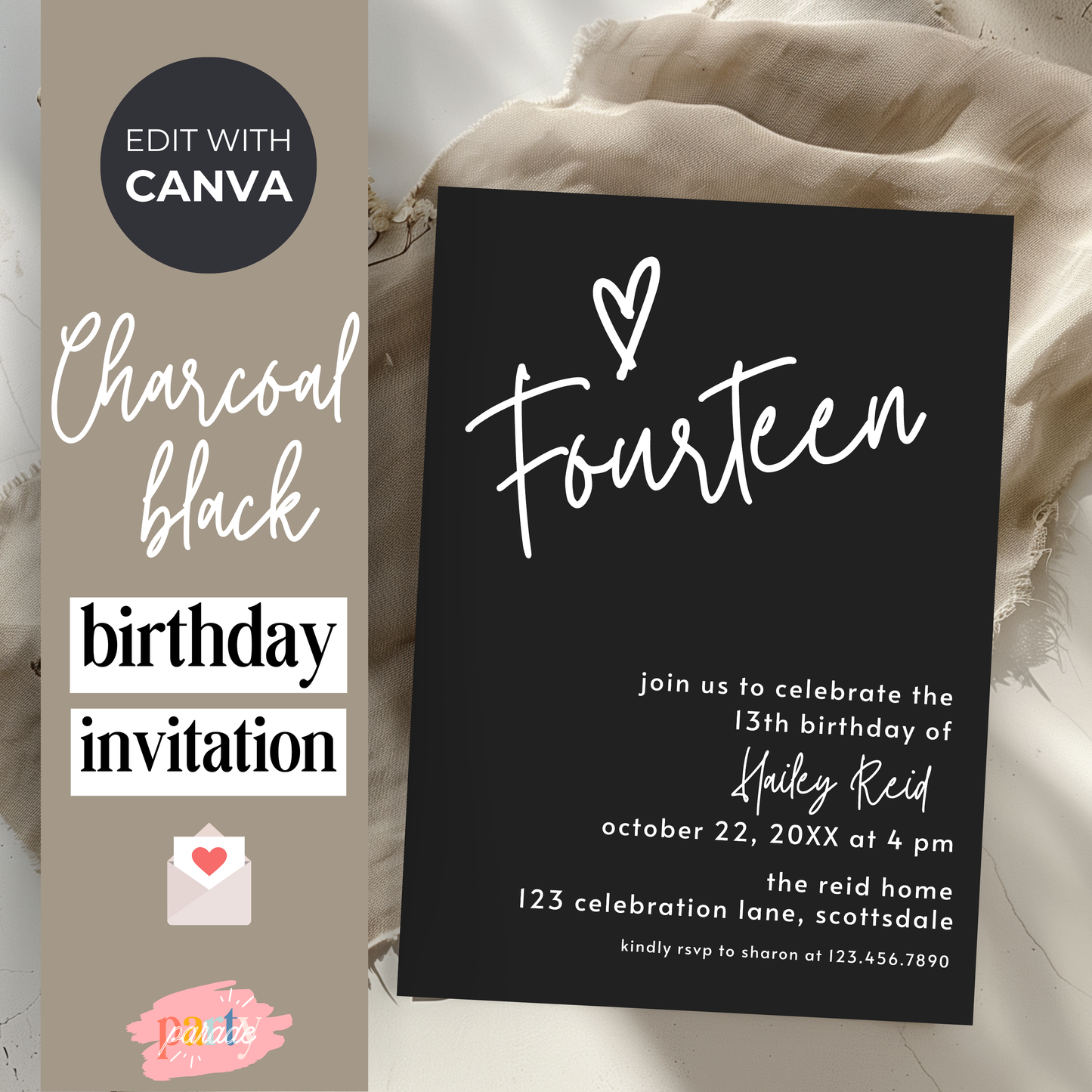 14th Birthday Charcoal Black Invite Template: Simple Teen Girl Printable Invitation 0013