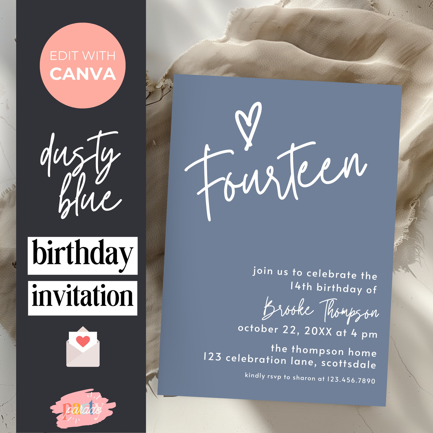 14th Birthday Dusty Blue Invite Template: Simple Teen Girl Printable Invitation 0011
