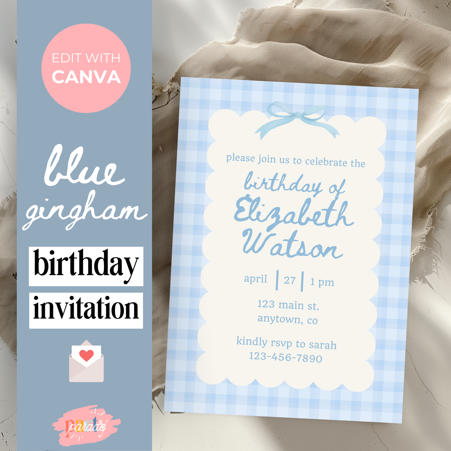 Blue Gingham Invitation for Women Birthday Party Dusty Blue Gingham Invite Scalloped Edge Modern Invitation Trendy Birthday Invite 0012