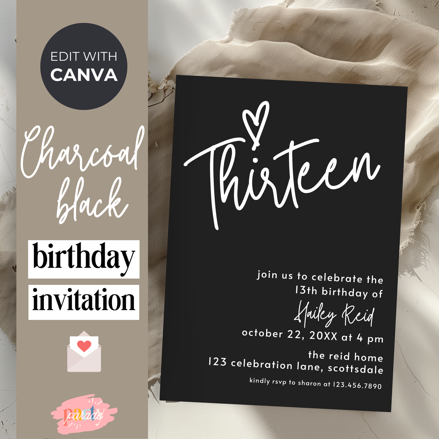 13th Birthday Charcoal Black Invite Template: Simple Teen Girl Printable 0013