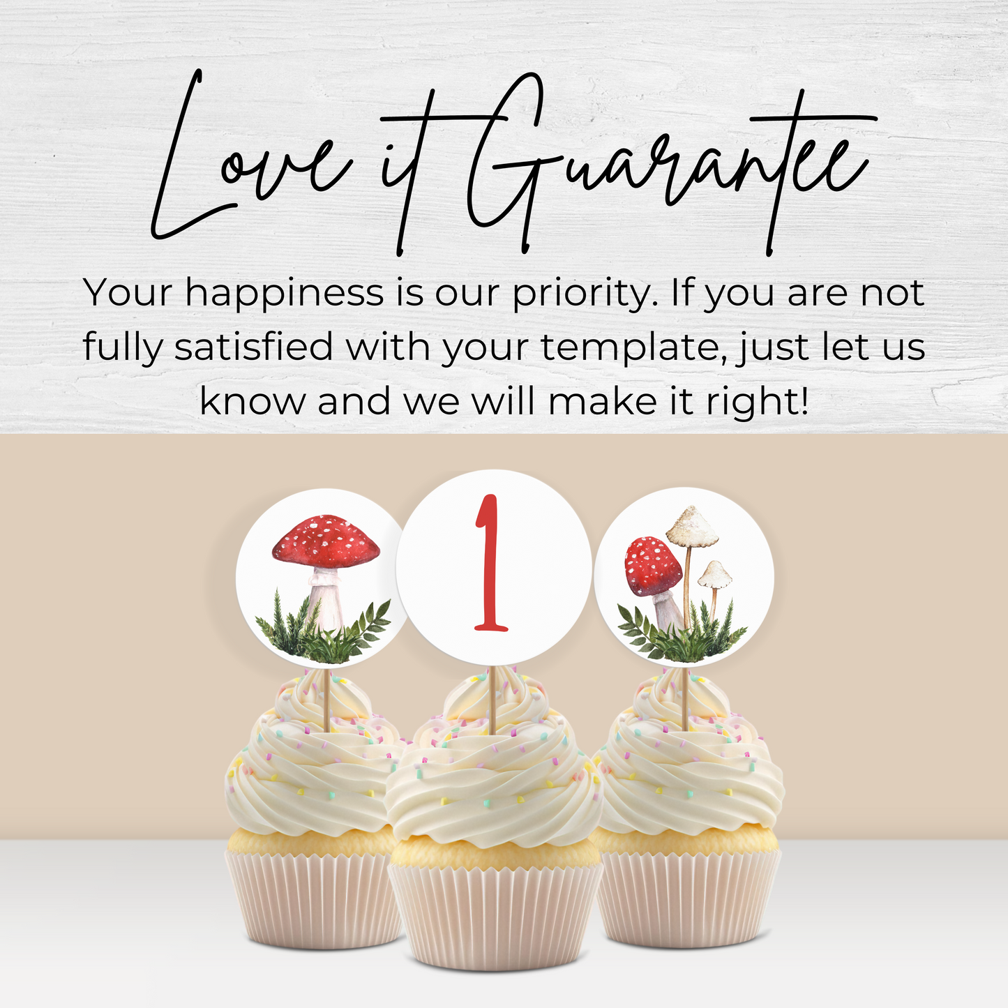 1st Birthday Fungi Cupcake Toppers: Printable Mushroom Party Decor 0004