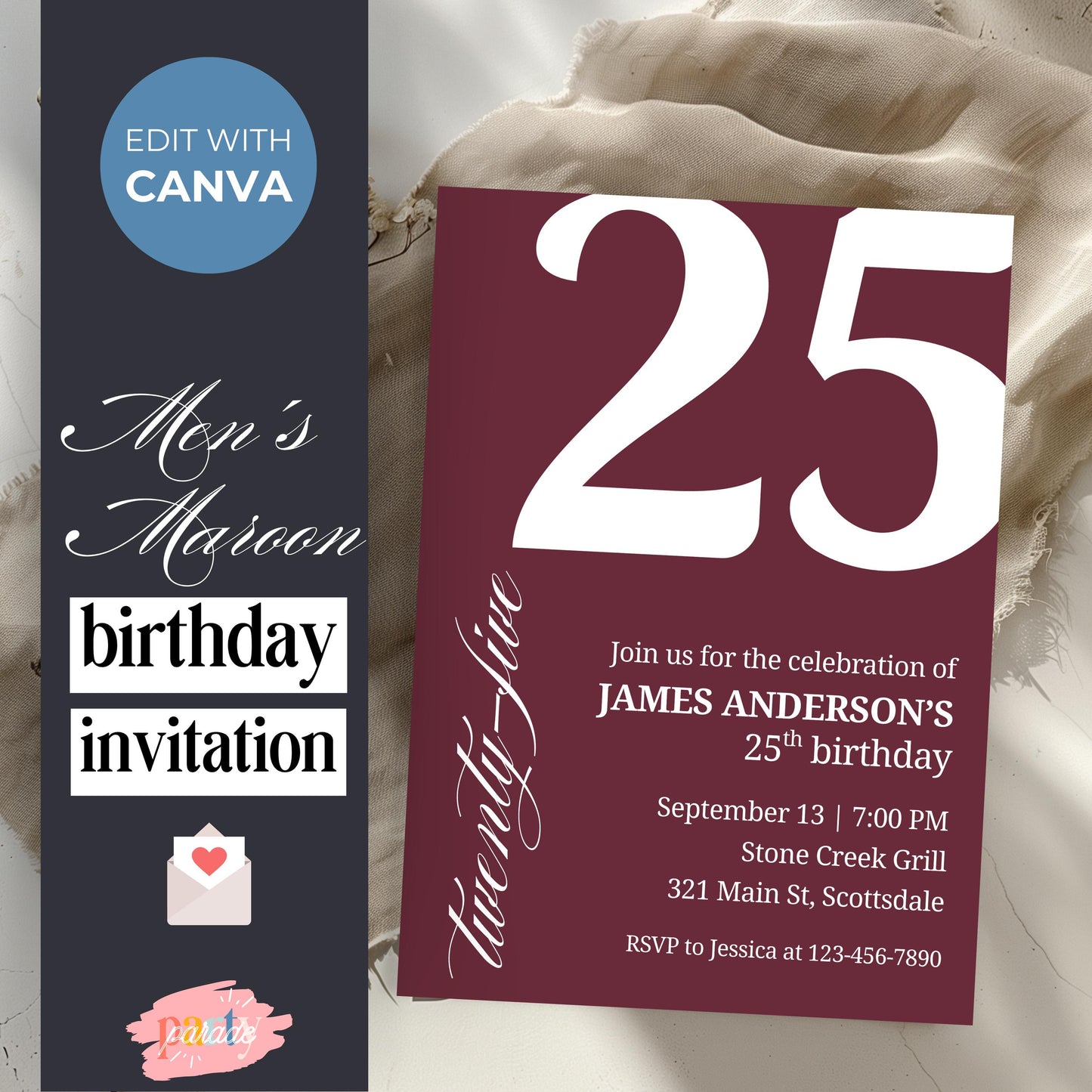 25th Birthday Invite for Men Invitation for 25 Birthday Masculine Birthday Dinner Invite Maroon Adult Milestone Birthday Editable 0007