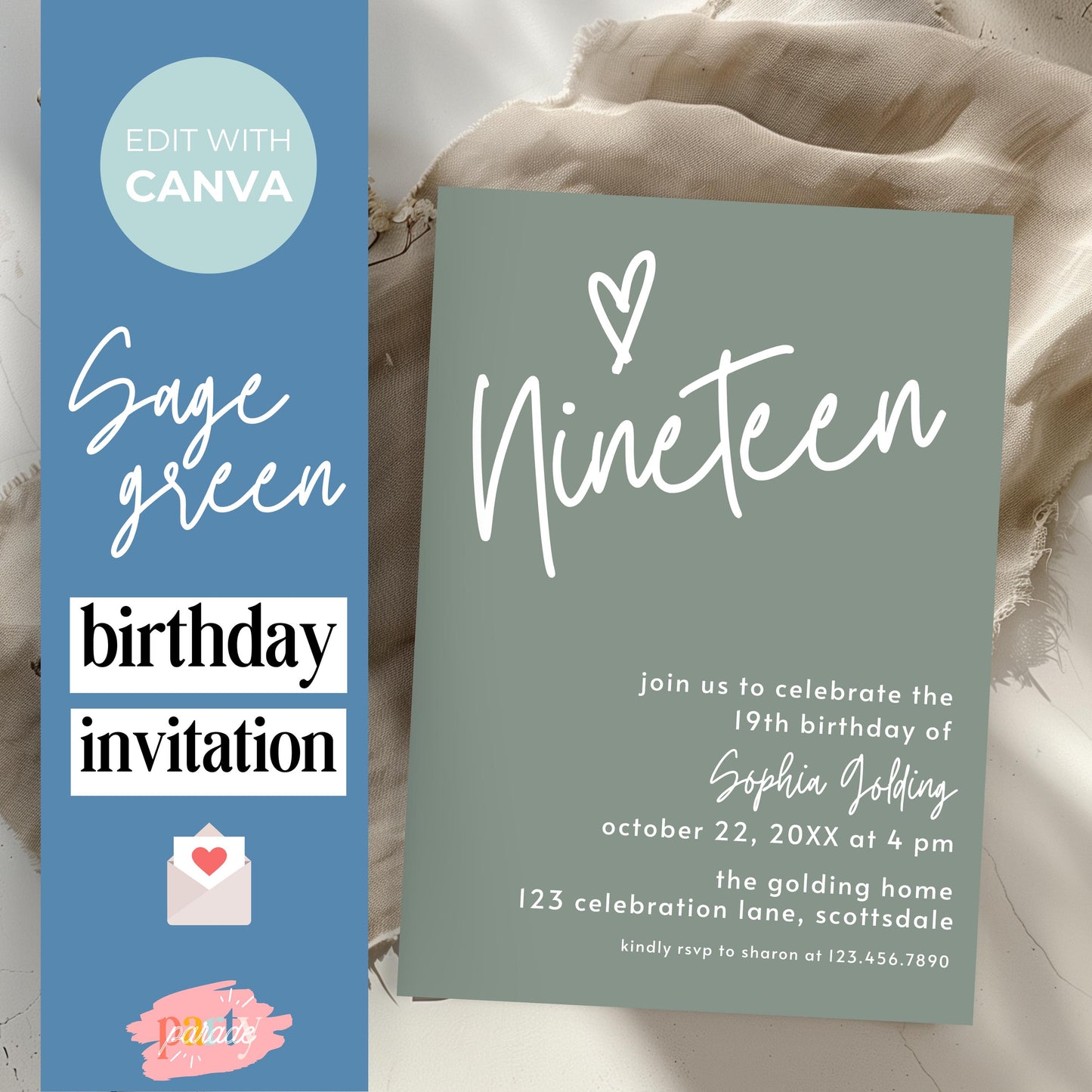19th Birthday Invitation for Girl Sage Green Nineteen Invite Sage Green Birthday for Teenager Simple Modern Adult Invitation Printable 0003