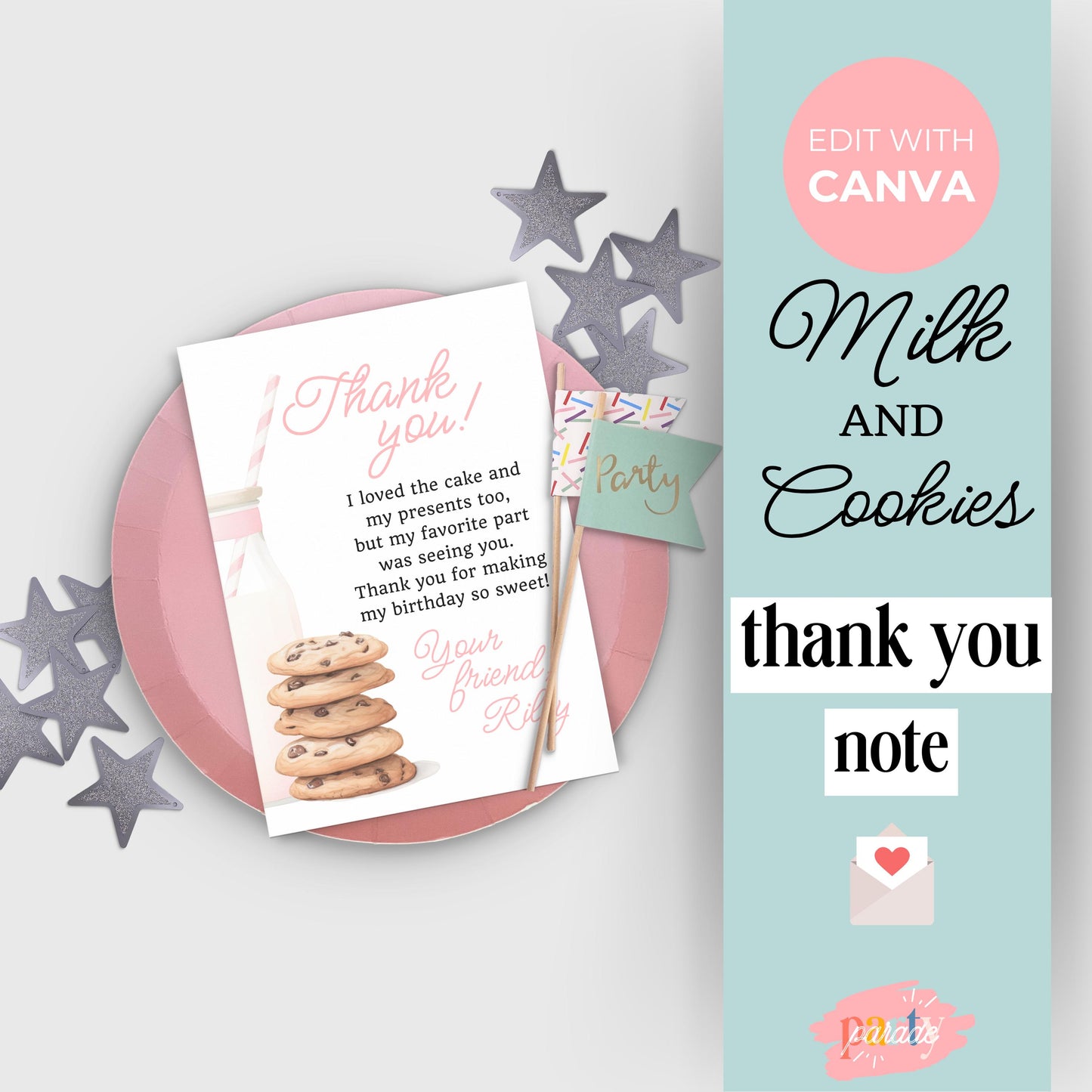 Milk and Cookies Thank You Note Birthday Template Editable Sweet Cookie Party Thank You Card Tough Cookie Party Thank You Letter 0009