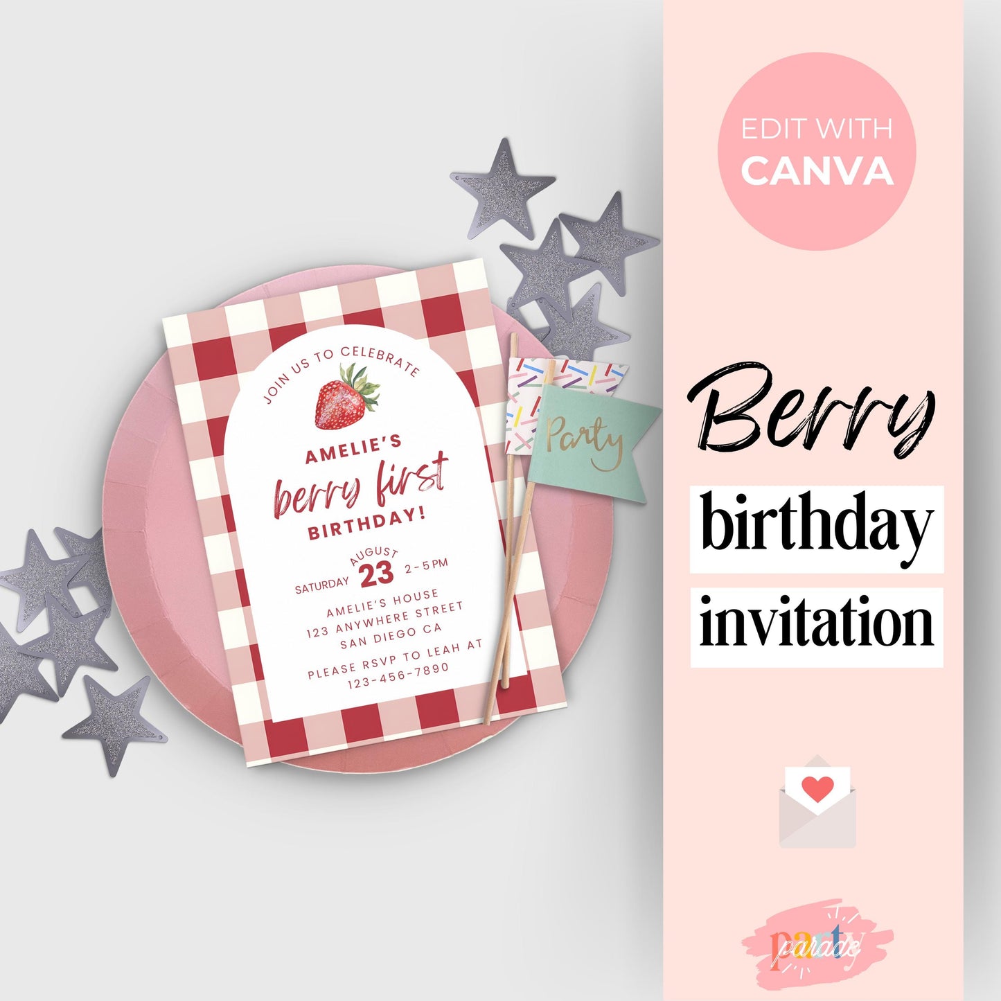 Berry First Birthday Invitation Strawberry Birthday Invitation Berry 1st Birthday Invite Berry Sweet One Birthday Strawberry Gingham 0010
