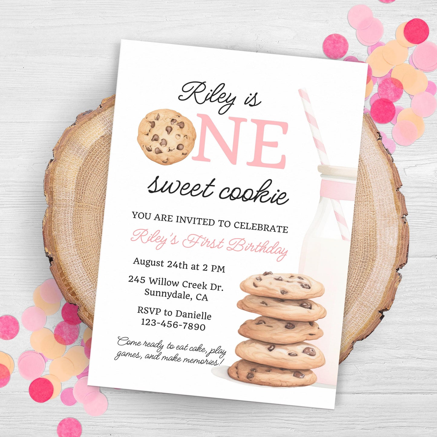 One Sweet Cookie Birthday Invitation First Birthday Girl Milk Cookies Party 1st Birthday Cookie Sweet Celebration Toddler Birthday Cute 0009