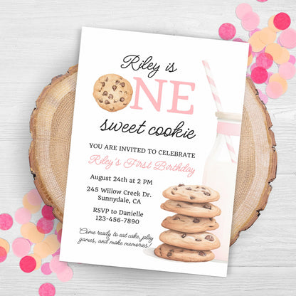 One Sweet Cookie Birthday Invitation First Birthday Girl Milk Cookies Party 1st Birthday Cookie Sweet Celebration Toddler Birthday Cute 0009