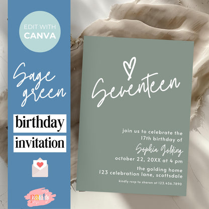 17th Birthday Invitation for Girl Sage Green Seventeen Invite Sage Green Birthday for Teenager Simple Modern Invitation Printable 0003