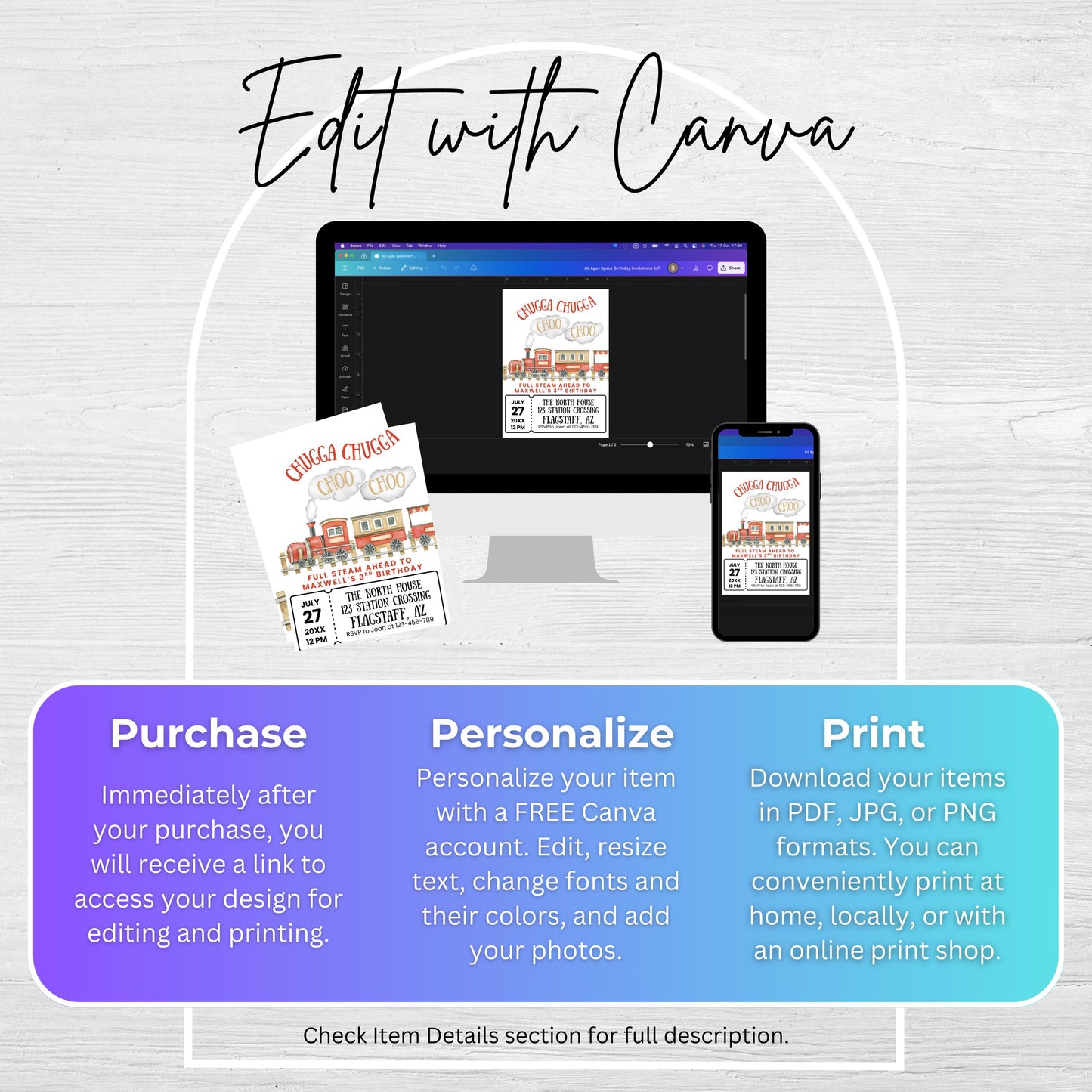 Chugga Chugga Choo Choo Birthday Invitation Train Party Birthday Invite Train All Aboard 3rd Birthday Full Steam Ahead Third Birthday 0006