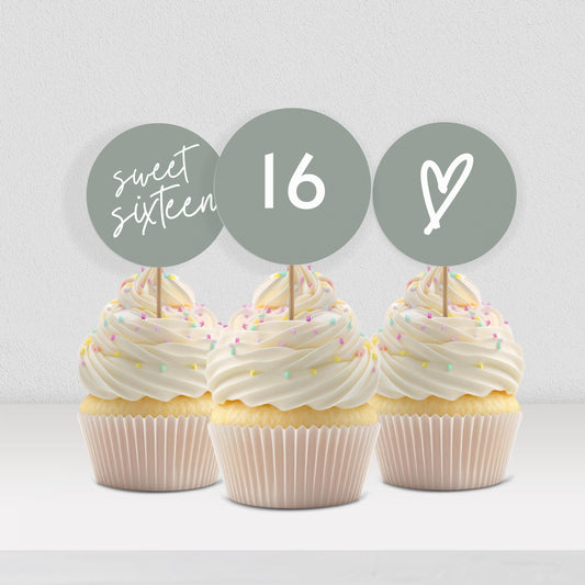 Cupcake Toppers Sage Green Sweet Sixteen Cupcake Toppers Sweet 16 Sage Green Cupcake Decorations for 16th Birthday Teenage Girl Decor 0003