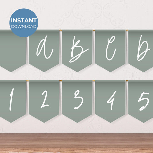 Sage Green Party Alphabet Banner Letters A to Z Numbers Symbols Happy Birthday Banner Sage Green Teen Party Sweet Sixteen Flag Banner 0003