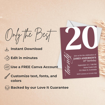 20th Birthday Invite for Men Invitation for 20 Birthday Masculine Birthday Dinner Invite Maroon Adult Milestone Birthday Editable 0007