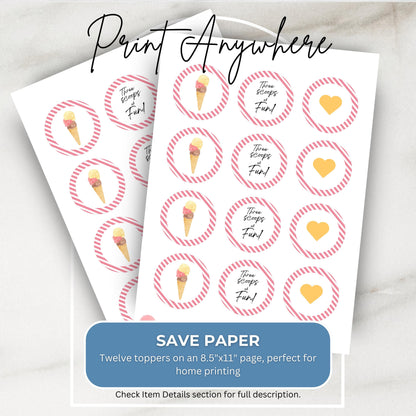 Three Scoops of Fun Cupcake Toppers Birthday Ice Cream Party Decorations Here's the Scoop Birthday Decor Party Supplies Sweet Topper 0002