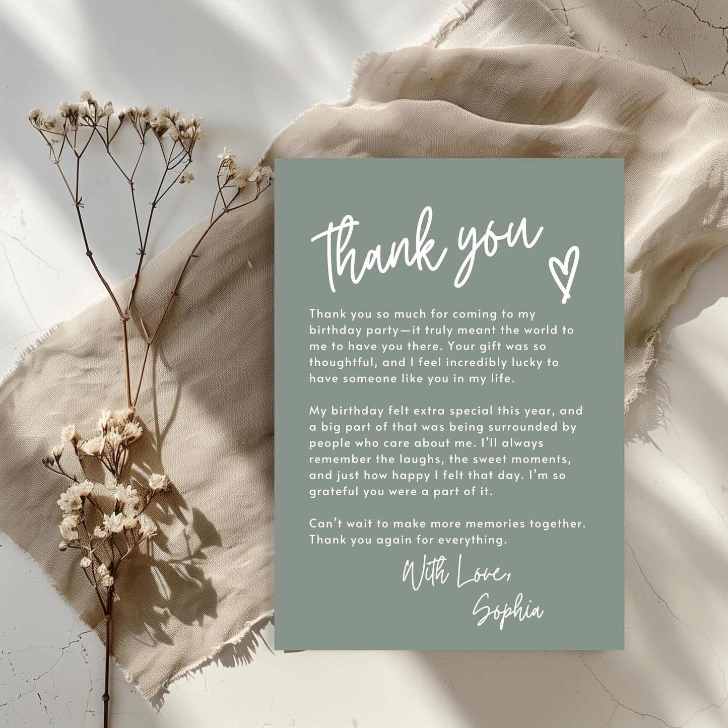 Sage Green Thank You Note Birthday Template Editable Teenage Girl Thank You Card Simple Modern Party Boho Thank You Letter Celebration 0003
