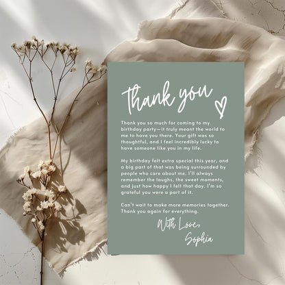 Sage Green Thank You Note Birthday Template Editable Teenage Girl Thank You Card Simple Modern Party Boho Thank You Letter Celebration 0003