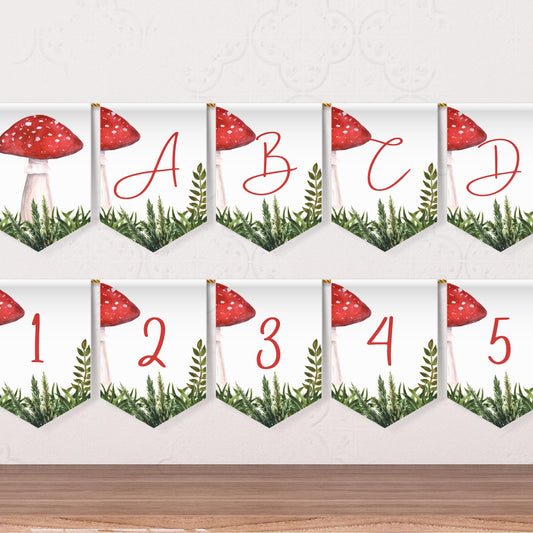 Mushroom Party Alphabet Banner Letters A to Z Numbers Symbols Happy Birthday Banner Fungi Party Boy Birthday Cottagecore Flag Banner 0004