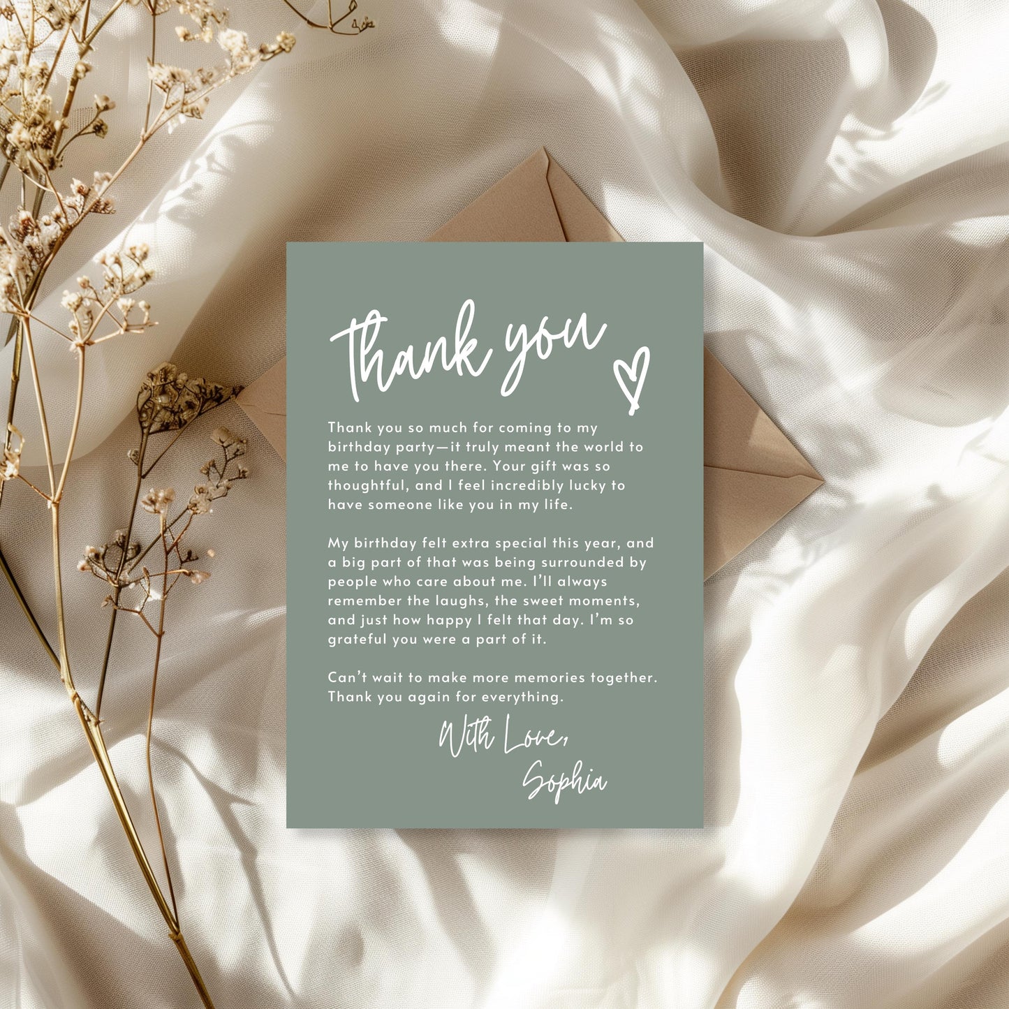Sage Green Thank You Note Birthday Template Editable Teenage Girl Thank You Card Simple Modern Party Boho Thank You Letter Celebration 0003