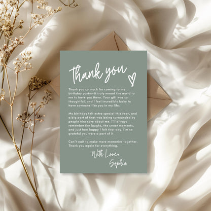 Sage Green Thank You Note Birthday Template Editable Teenage Girl Thank You Card Simple Modern Party Boho Thank You Letter Celebration 0003