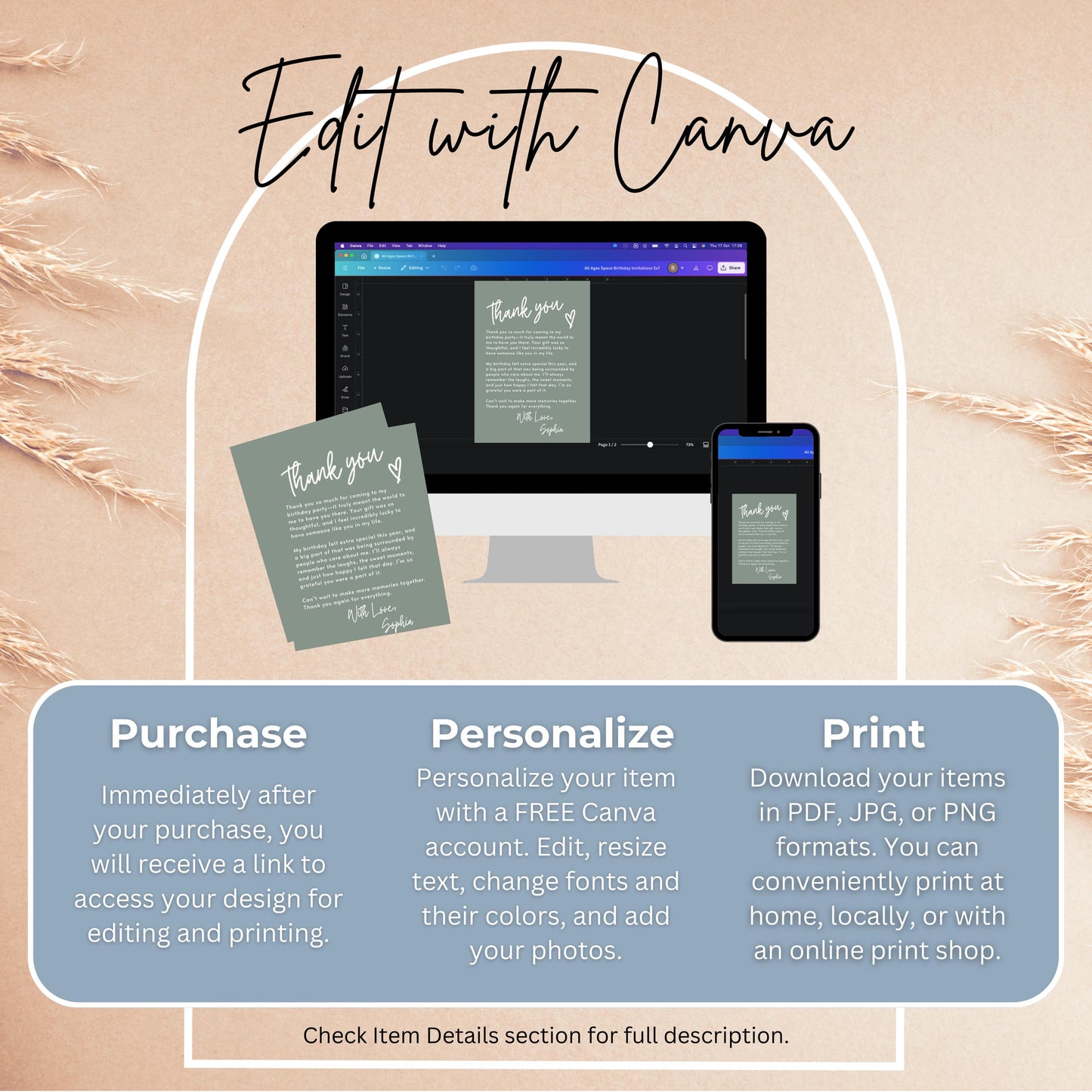 Sage Green Thank You Note Birthday Template Editable Teenage Girl Thank You Card Simple Modern Party Boho Thank You Letter Celebration 0003