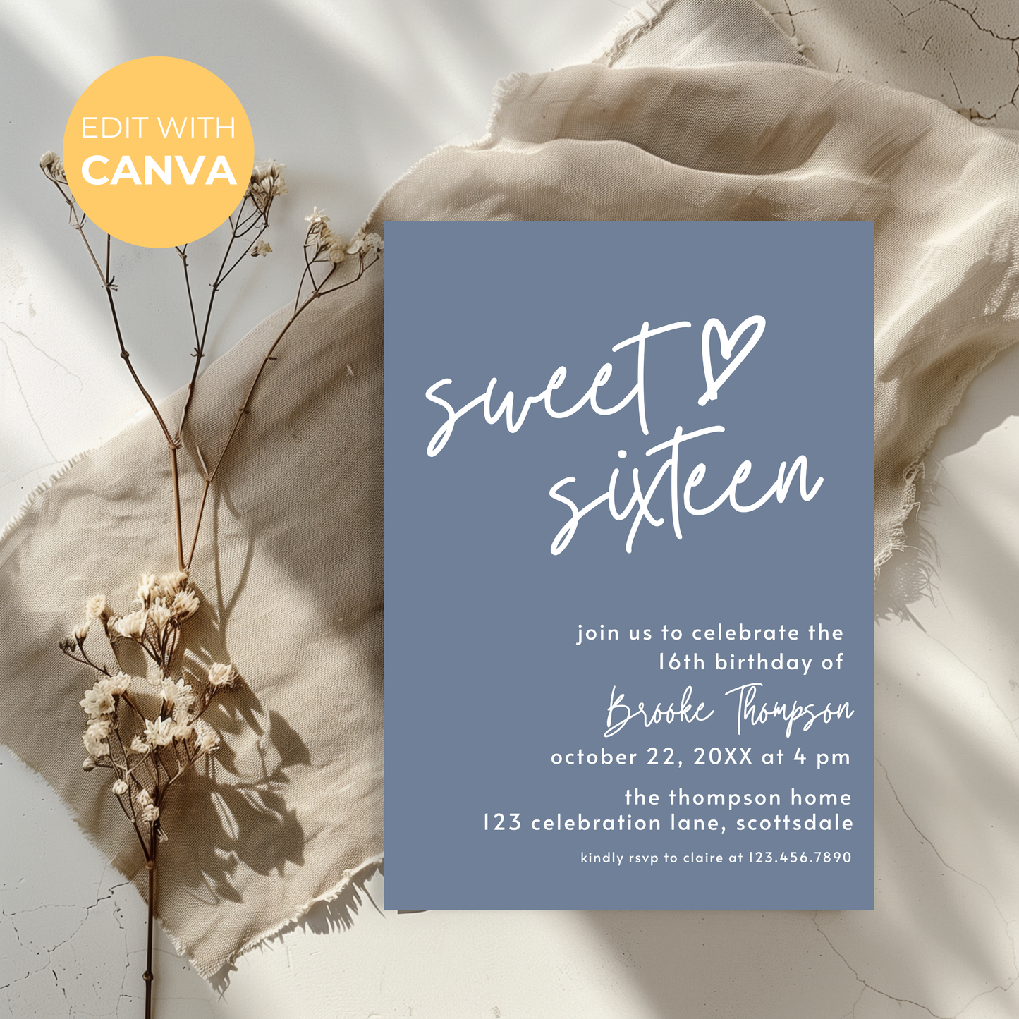 16th Birthday Invitation for Girl Dusty Blue Sweet Sixteen Invite Dusty Blue Birthday for Teenager Simple Invitation Printable Template 0011