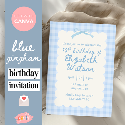 18th Birthday Blue Gingham Invite Template: Simple Women's Invitation Printable 0012