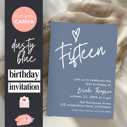 15th Birthday Girl Invite: Dusty Blue Printable Invitation Template 0011