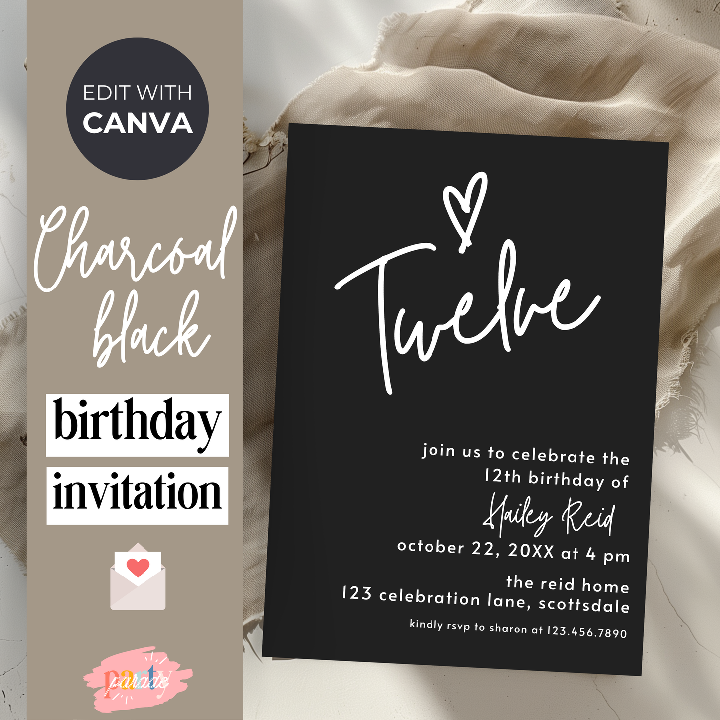 12th Birthday Invite Template: Simple Teen Girl Invitation Printable 0013