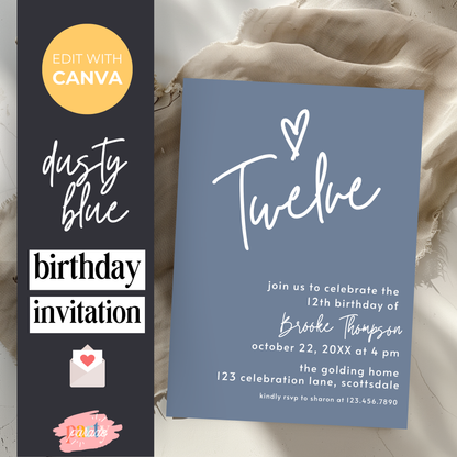 12th Birthday Invitation for Girl Dusty Blue Twelfth Birthday Invite Dusty Blue Birthday Teenager Simple Invitation Printable Template 0011