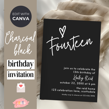 14th Birthday Charcoal Black Invite Template: Simple Teen Girl Printable Invitation 0013
