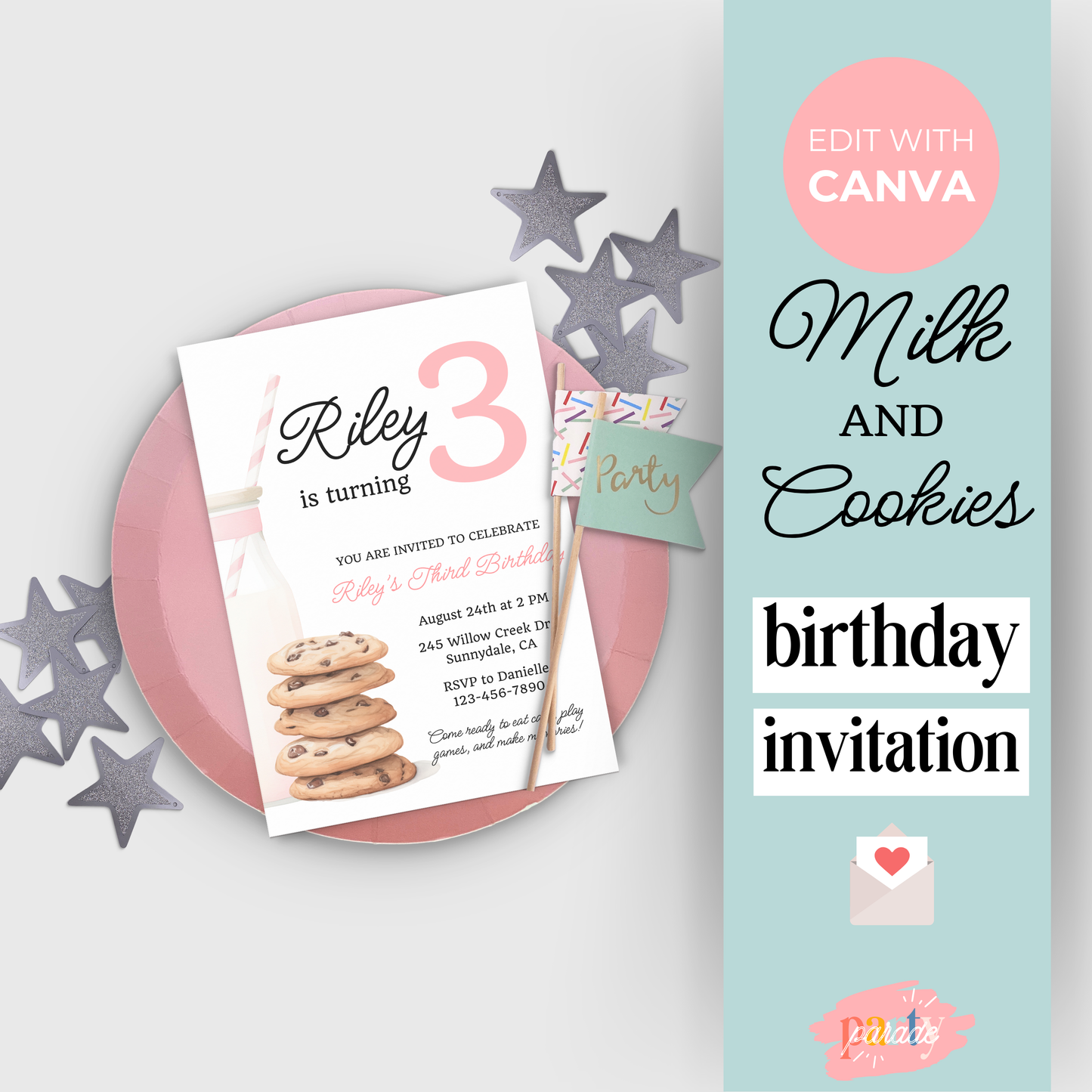 Cookies and Milk 3rd Birthday Invite: Printable Invitation Template 0009