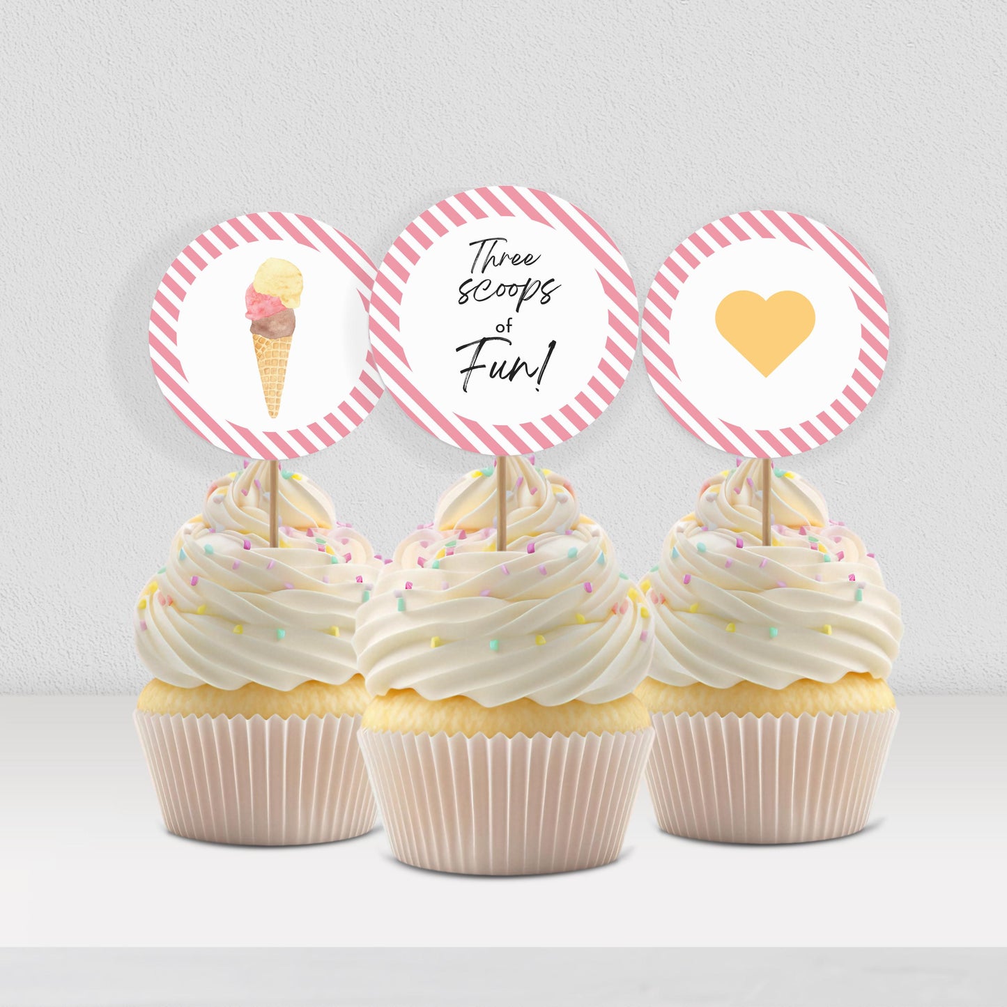 Three Scoops of Fun Cupcake Toppers Birthday Ice Cream Party Decorations Here's the Scoop Birthday Decor Party Supplies Sweet Topper 0002