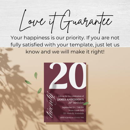 20th Birthday Invite for Men Invitation for 20 Birthday Masculine Birthday Dinner Invite Maroon Adult Milestone Birthday Editable 0007