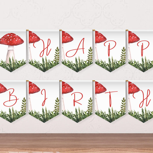 Mushroom Party Happy Birthday Banner Letters Happy Birthday Banner Fungi Party Cottagecore Flag Banner Happy Birthday Bunting Forest 0004