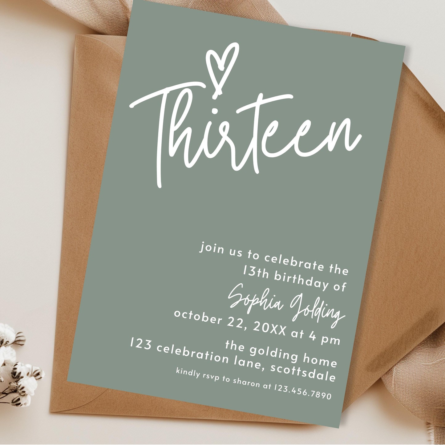 13th Birthday Invitation Sage Green Thirteenth Birthday Invite for Teenager Simple Elegant Invitation Printable Template Modern Girl 0003