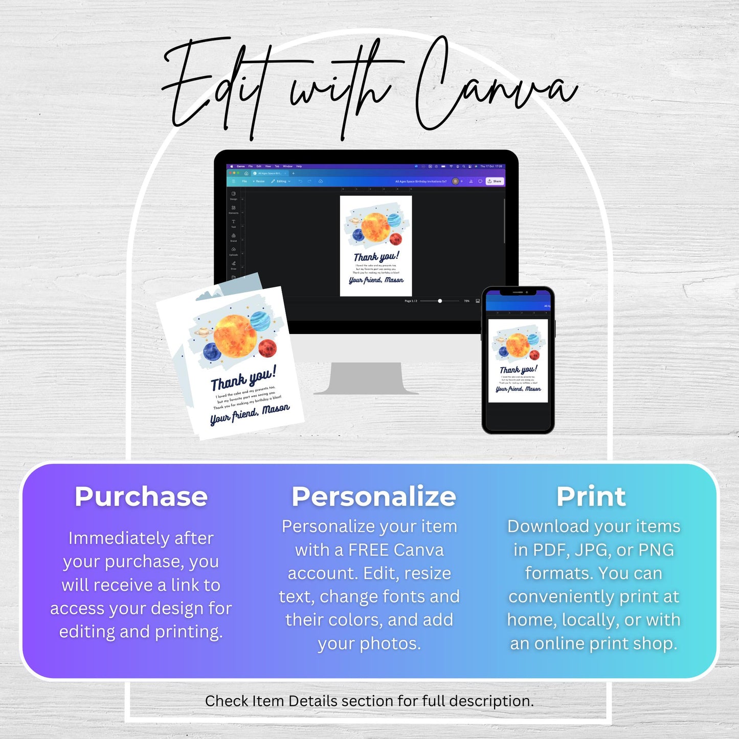 Thank You Note Space Birthday Template Editable Boy Out of This World Thank You Card Solar System Party Galaxy Birthday Party 0001