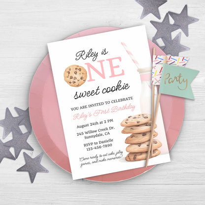 One Sweet Cookie Birthday Invitation First Birthday Girl Milk Cookies Party 1st Birthday Cookie Sweet Celebration Toddler Birthday Cute 0009
