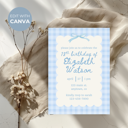 18th Birthday Blue Gingham Invite Template: Simple Women's Invitation Printable 0012