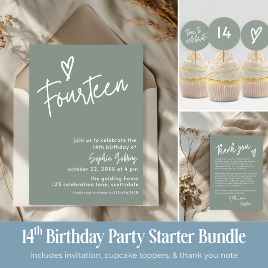 14th Birthday Invitation Party Starter Bundle Sage Green Teen Girl Invite Editable Birthday Bundle Printable Decor Set 0003