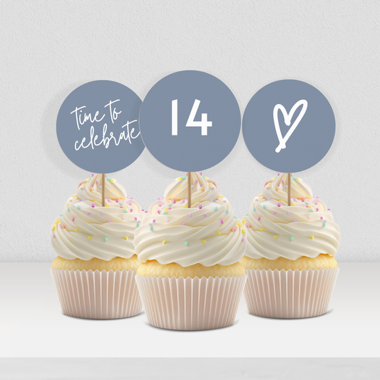 14th Birthday Cupcake Toppers: Dusty Blue Teen Girl Printable Party Decor 0011