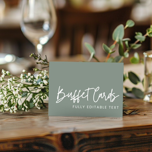 Sage Green Food Label Table Sign: Birthday Party Buffet Card Template 0003