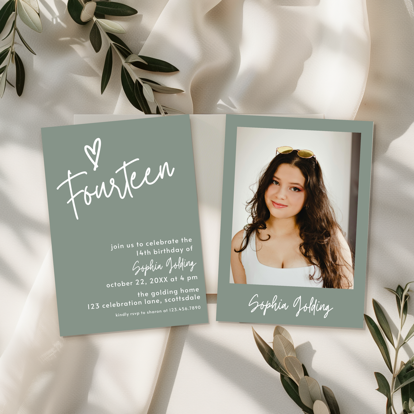 14th Birthday Photo Invitation Sage Green: Fourteenth Birthday Printable Invite for Teenager 0003