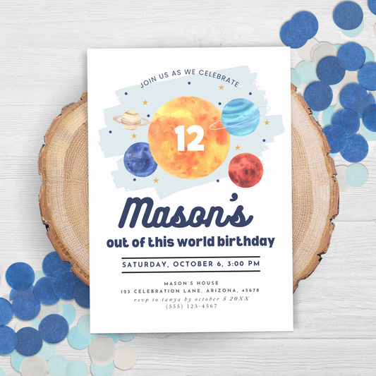 Space 12th Birthday Invitation Twelfth Birthday Boy Invite Outer Space Party Galaxy Out ofThis World Birthday Party Solar System Party 0001