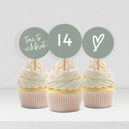 14th Birthday Cupcake Toppers: Sage Green Teen Girl Printable Party Decor 0003