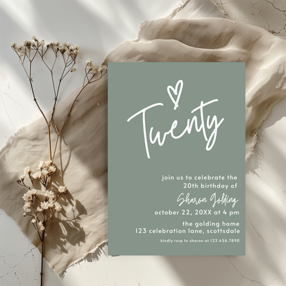 20th Birthday Invitation Sage Green Twentieth Birthday Invite for Woman Simple Elegant Invitation Printable Template Modern Adult 0014