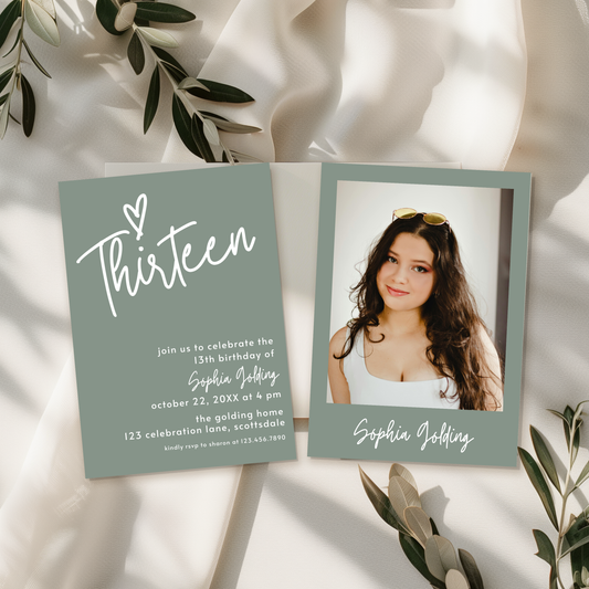 13th Birthday Photo Invitation Sage Green Thirteenth Birthday Invite for Teenager Simple Elegant Invitation Printable Template Modern 0003
