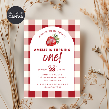 Strawberry Birthday Invitation: First Birthday Girl Editable Printable Invite 0010