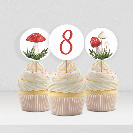 8th Birthday Mushroom Cupcake Toppers: Printable Fungi Party Decor 0004