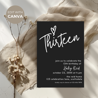 13th Birthday Charcoal Black Invite Template: Simple Teen Girl Printable 0013